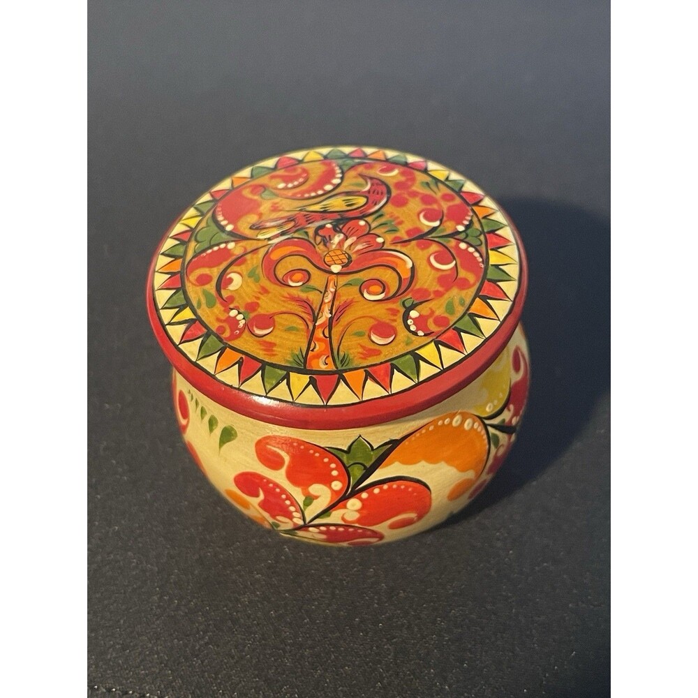 Vintage Russian Lacquer Box Hand Painted Khokhloma Folk Art Wooden Jar